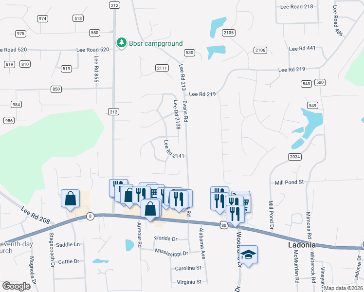 map of restaurants, bars, coffee shops, grocery stores, and more near 2 Lee Road 2138 in Phenix City