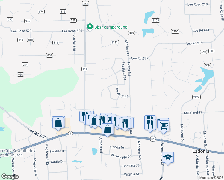 map of restaurants, bars, coffee shops, grocery stores, and more near 112 Lee Road 2143 in Phenix City