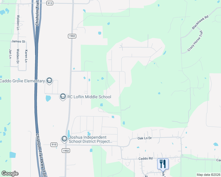 map of restaurants, bars, coffee shops, grocery stores, and more near 1705 Caddo Peak Road in Joshua