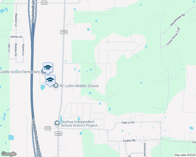 map of restaurants, bars, coffee shops, grocery stores, and more near 1705 Caddo Peak Road in Joshua