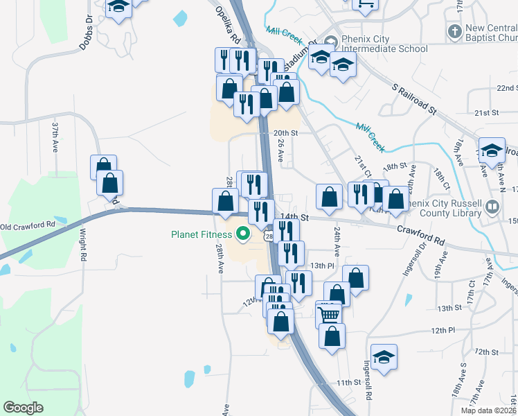 map of restaurants, bars, coffee shops, grocery stores, and more near 1070 27th Avenue in Phenix City