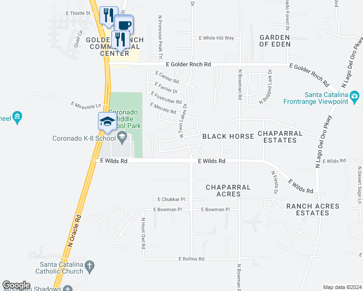 map of restaurants, bars, coffee shops, grocery stores, and more near 3663 East Northern Dancer Road in Tucson