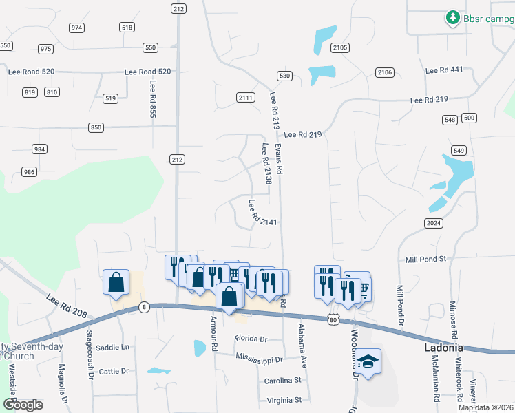 map of restaurants, bars, coffee shops, grocery stores, and more near 78 Lee Road 2141 in Phenix City