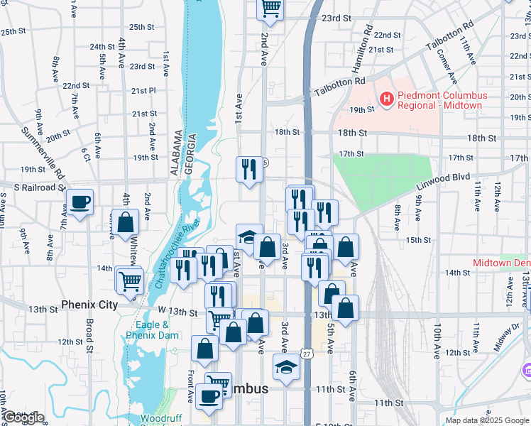 map of restaurants, bars, coffee shops, grocery stores, and more near 1534 2nd Avenue in Columbus