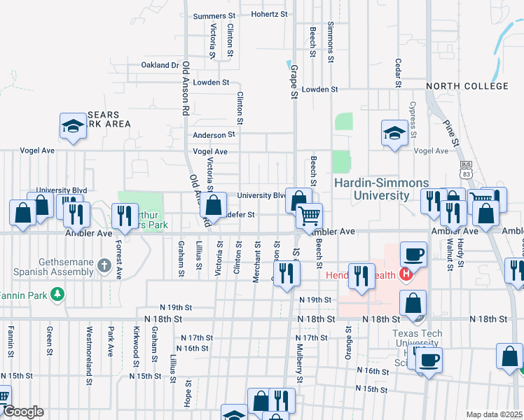 map of restaurants, bars, coffee shops, grocery stores, and more near 1782 Sandefer Street in Abilene