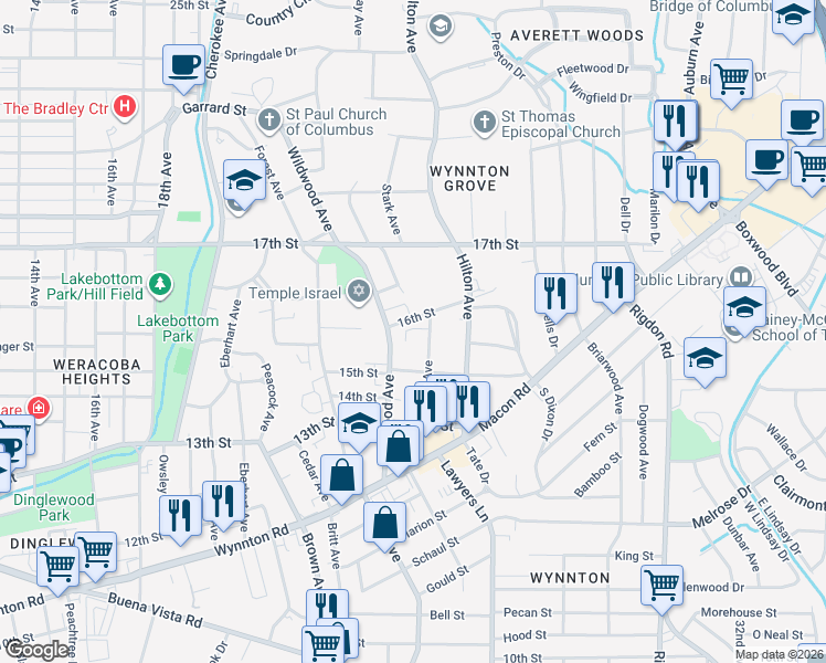 map of restaurants, bars, coffee shops, grocery stores, and more near 1528 Wildwood Avenue in Columbus