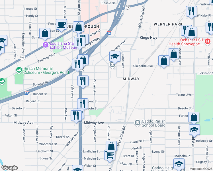 map of restaurants, bars, coffee shops, grocery stores, and more near 2508 Quinton Street in Shreveport