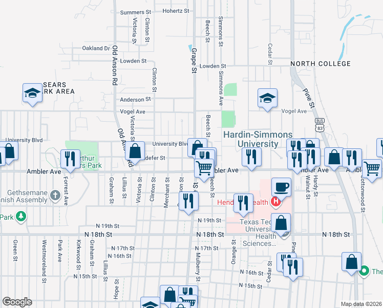 map of restaurants, bars, coffee shops, grocery stores, and more near 1701 Sandefer Street in Abilene