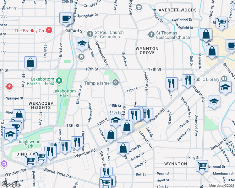 map of restaurants, bars, coffee shops, grocery stores, and more near 1509 Wildwood Avenue in Columbus