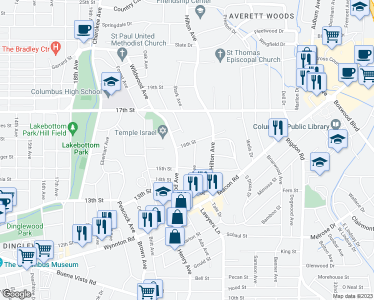 map of restaurants, bars, coffee shops, grocery stores, and more near 1510 Wildwood Avenue in Columbus