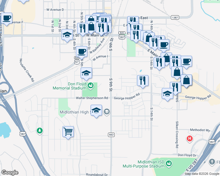map of restaurants, bars, coffee shops, grocery stores, and more near 102 North 8th Street in Midlothian