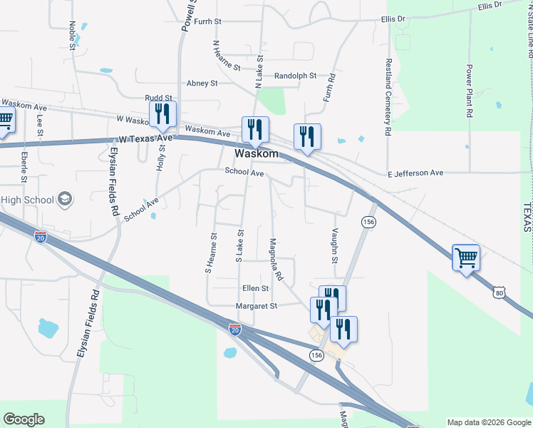 map of restaurants, bars, coffee shops, grocery stores, and more near 375 Magnolia Road in Waskom