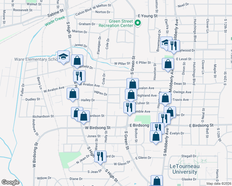 map of restaurants, bars, coffee shops, grocery stores, and more near 102 West Highland Street in Longview