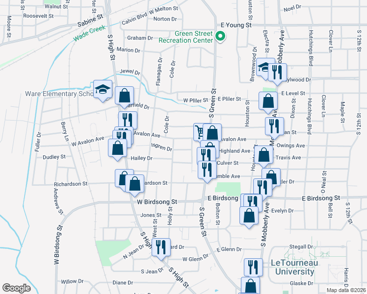 map of restaurants, bars, coffee shops, grocery stores, and more near 102 West Highland Street in Longview