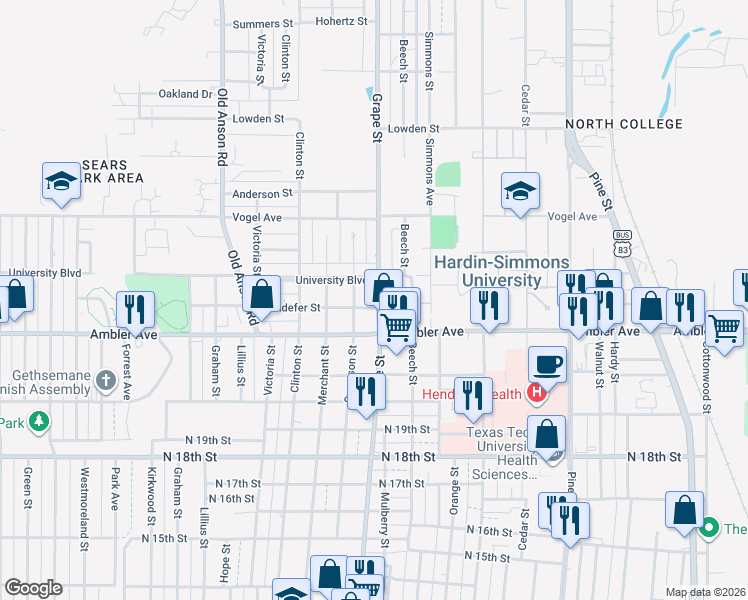 map of restaurants, bars, coffee shops, grocery stores, and more near 1701 Sandefer Street in Abilene