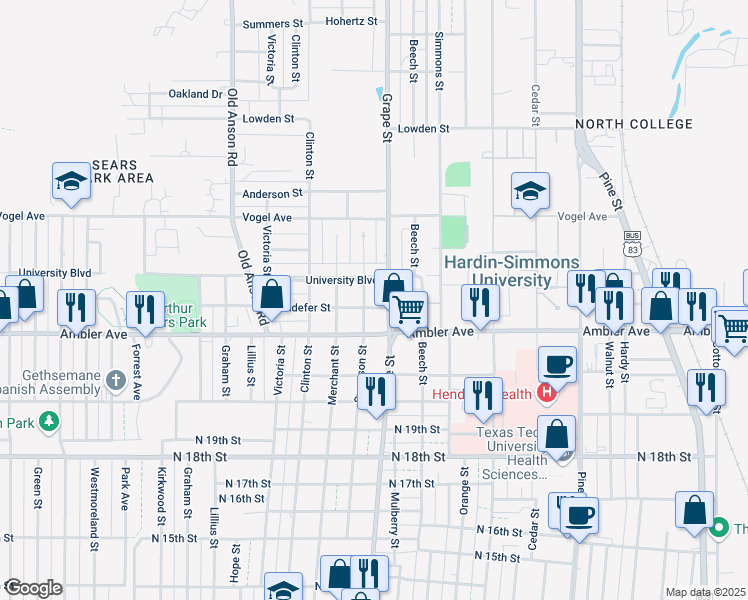map of restaurants, bars, coffee shops, grocery stores, and more near 1701 Sandefer Street in Abilene