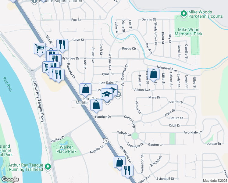 map of restaurants, bars, coffee shops, grocery stores, and more near 4230 Van Deeman Street in Bossier City