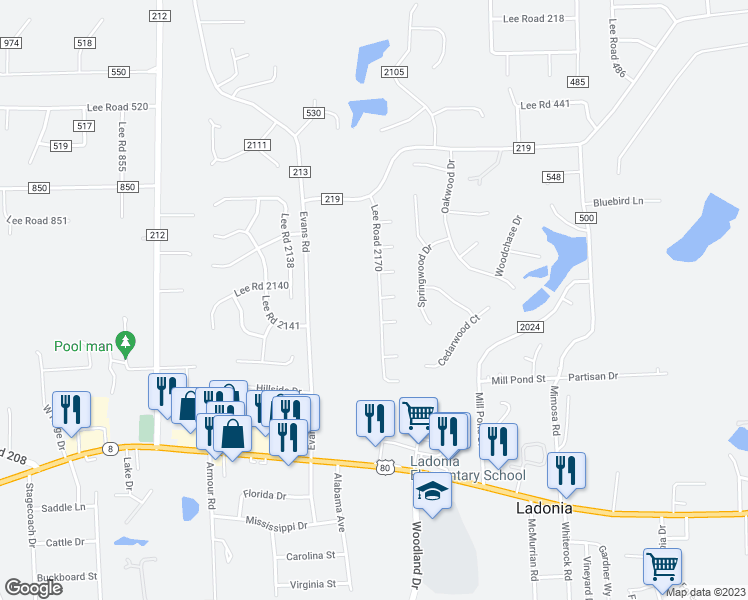 map of restaurants, bars, coffee shops, grocery stores, and more near 250 Lee Road 2170 in Phenix City