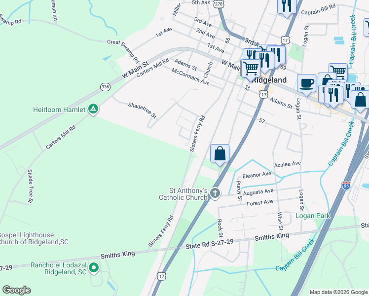 map of restaurants, bars, coffee shops, grocery stores, and more near 409 Dolphin Drive in Ridgeland