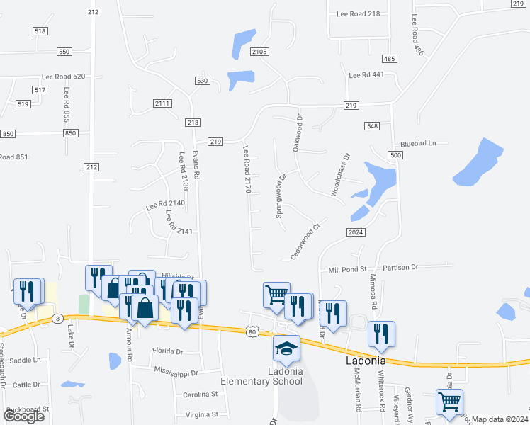 map of restaurants, bars, coffee shops, grocery stores, and more near 46 Lee Road 2174 in Phenix City