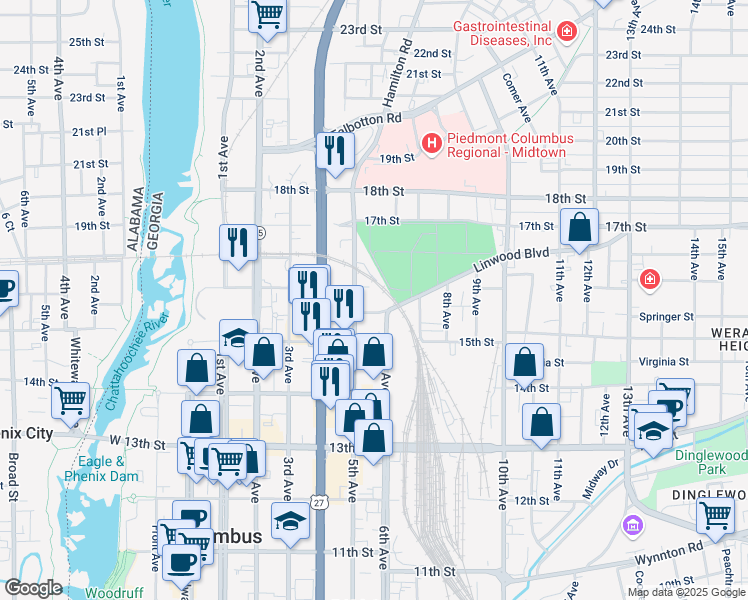 map of restaurants, bars, coffee shops, grocery stores, and more near 599 16th Street in Columbus