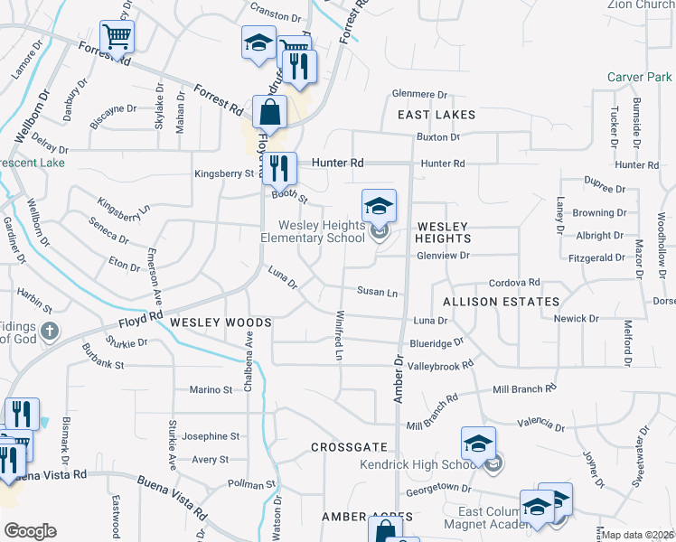 map of restaurants, bars, coffee shops, grocery stores, and more near 1559 Winifred Lane in Columbus
