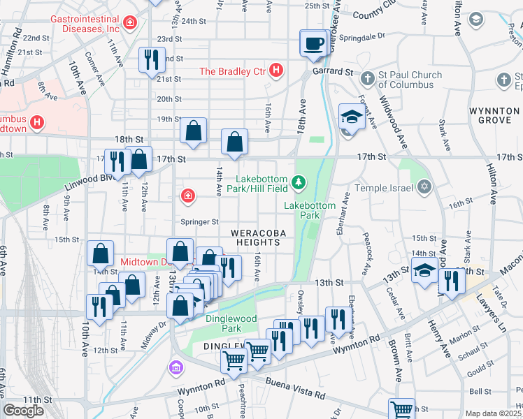 map of restaurants, bars, coffee shops, grocery stores, and more near 1538 16th Avenue in Columbus
