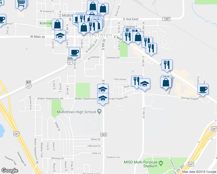 map of restaurants, bars, coffee shops, grocery stores, and more near 108 George Hopper Road in Midlothian