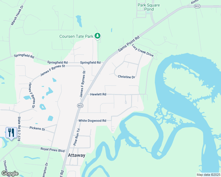 map of restaurants, bars, coffee shops, grocery stores, and more near 25 Braeburn Lane in Beaufort