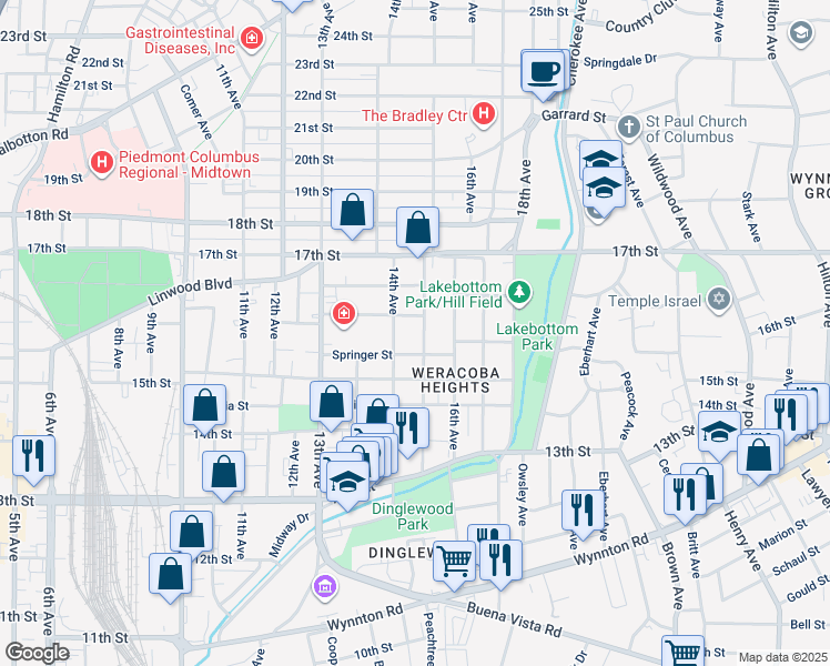 map of restaurants, bars, coffee shops, grocery stores, and more near 1603 15th Avenue in Columbus