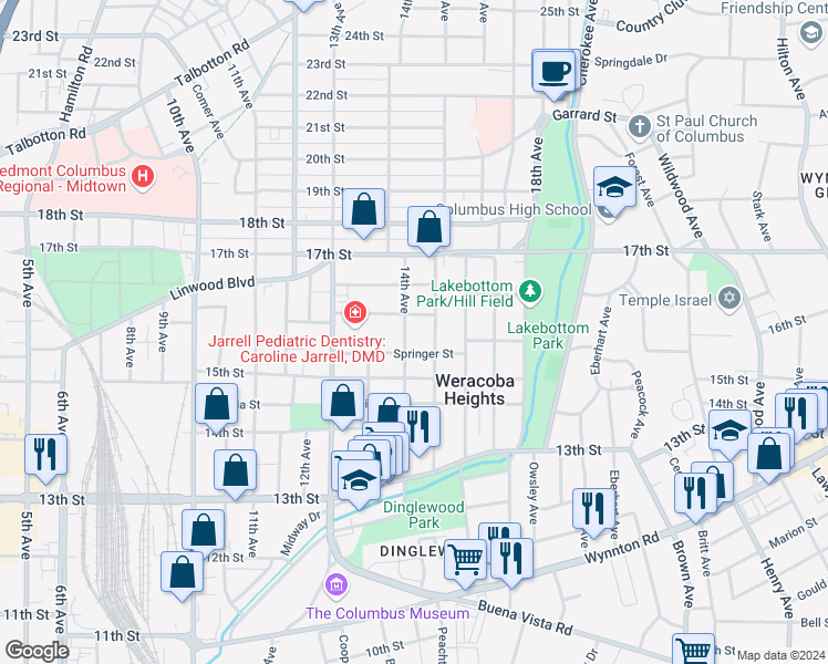 map of restaurants, bars, coffee shops, grocery stores, and more near 1603 15th Avenue in Columbus