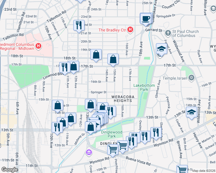 map of restaurants, bars, coffee shops, grocery stores, and more near 1355 16th Street in Columbus