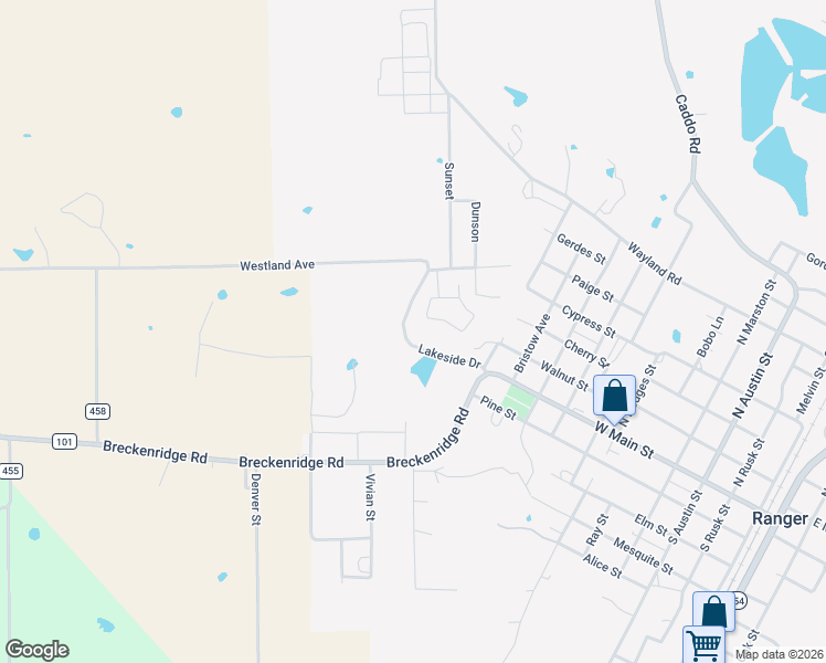 map of restaurants, bars, coffee shops, grocery stores, and more near 1204 Oak Hill Road in Ranger