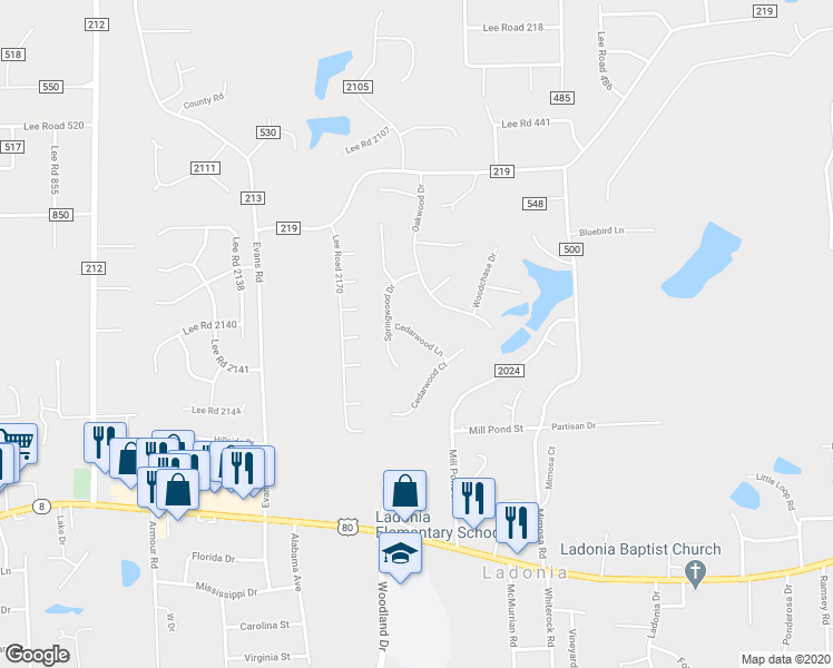 map of restaurants, bars, coffee shops, grocery stores, and more near 9 Cedarwood Lane in Phenix City