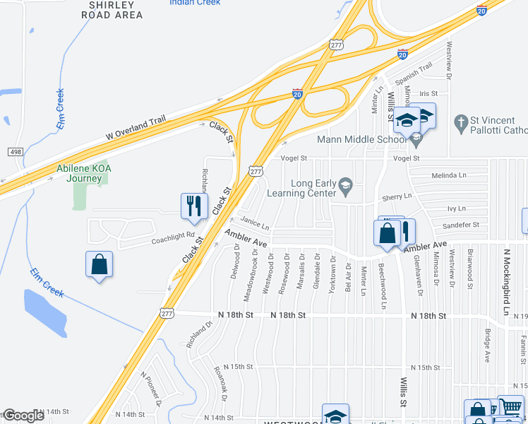 map of restaurants, bars, coffee shops, grocery stores, and more near 2333 Meadowbrook Drive in Abilene