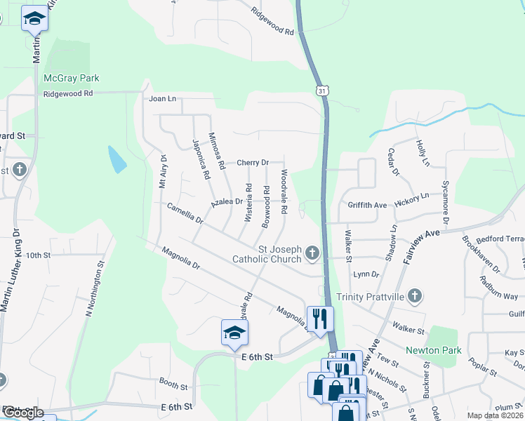 map of restaurants, bars, coffee shops, grocery stores, and more near 521 Boxwood Road in Prattville