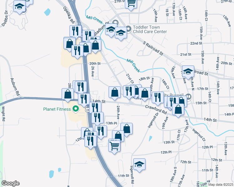 map of restaurants, bars, coffee shops, grocery stores, and more near 1701 Opelika Road in Phenix City