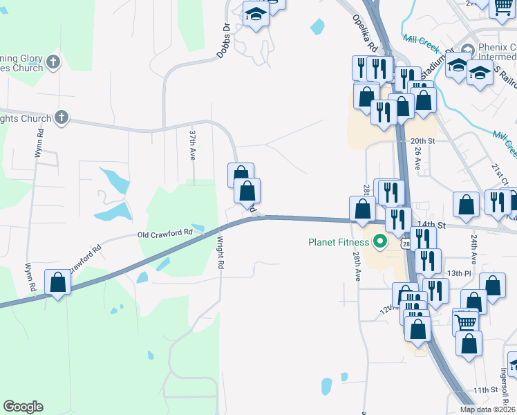 map of restaurants, bars, coffee shops, grocery stores, and more near 1702 Auburn Road in Phenix City