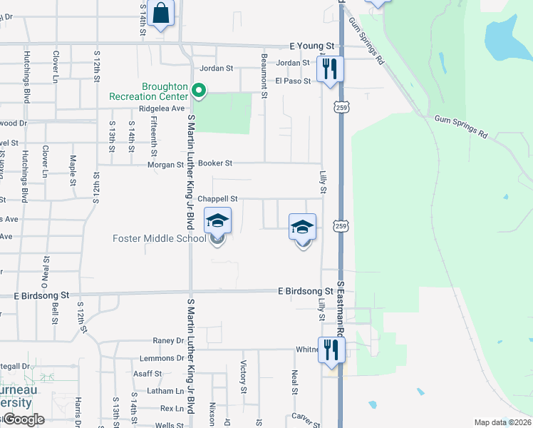 map of restaurants, bars, coffee shops, grocery stores, and more near 1302 Chappell Street in Longview
