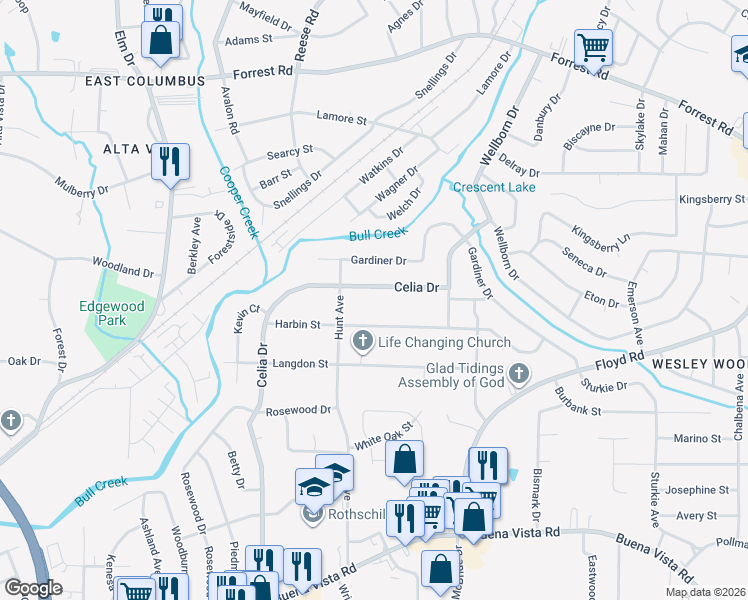 map of restaurants, bars, coffee shops, grocery stores, and more near 1732 Celia Drive in Columbus