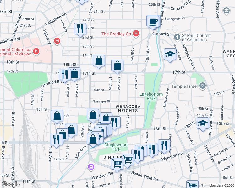 map of restaurants, bars, coffee shops, grocery stores, and more near 1545 15th Avenue in Columbus
