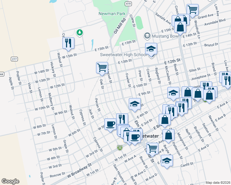 map of restaurants, bars, coffee shops, grocery stores, and more near 1001 Elm Street in Sweetwater
