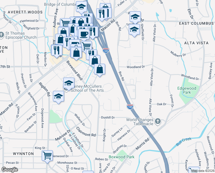 map of restaurants, bars, coffee shops, grocery stores, and more near 1400 Boxwood Boulevard in Columbus