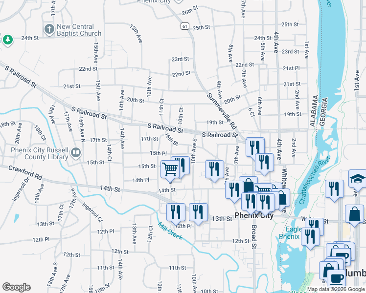 map of restaurants, bars, coffee shops, grocery stores, and more near 1006 16th Street in Phenix City