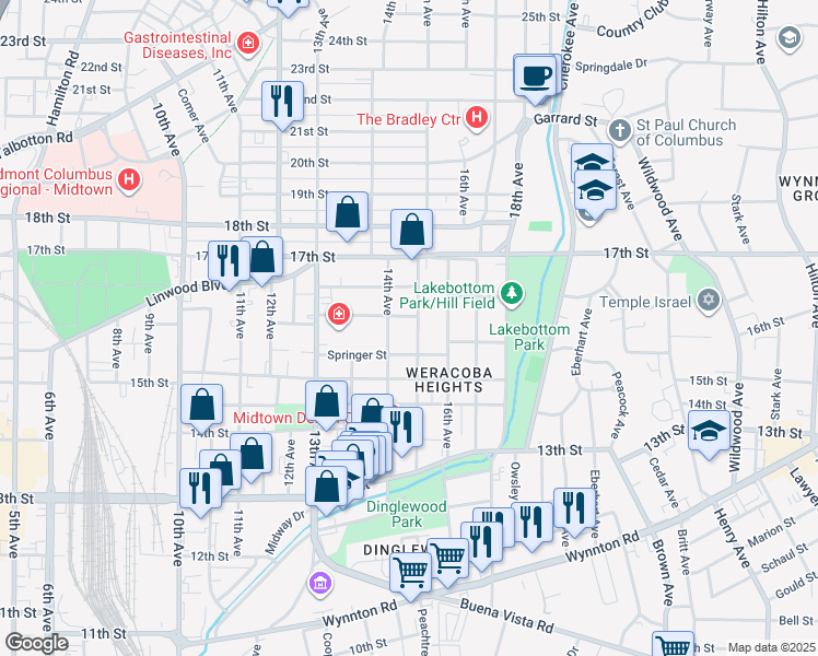map of restaurants, bars, coffee shops, grocery stores, and more near 1603 15th Avenue in Columbus