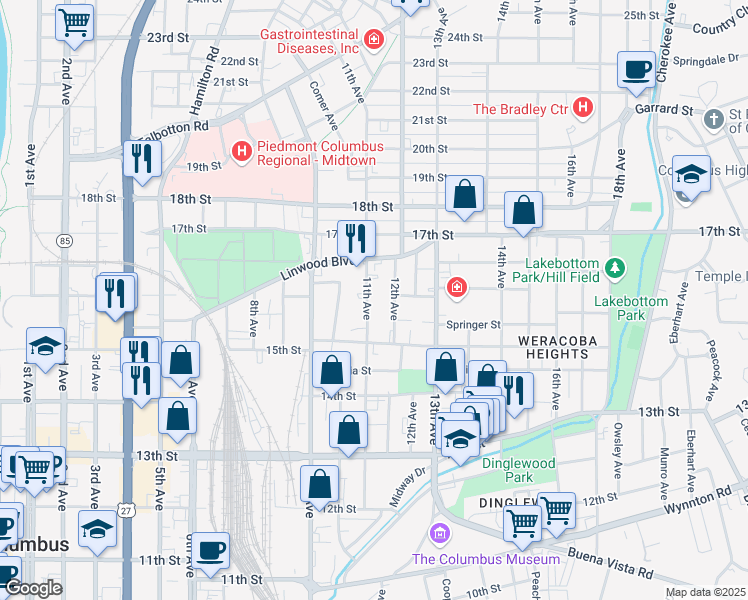 map of restaurants, bars, coffee shops, grocery stores, and more near 1605 12th Avenue in Columbus