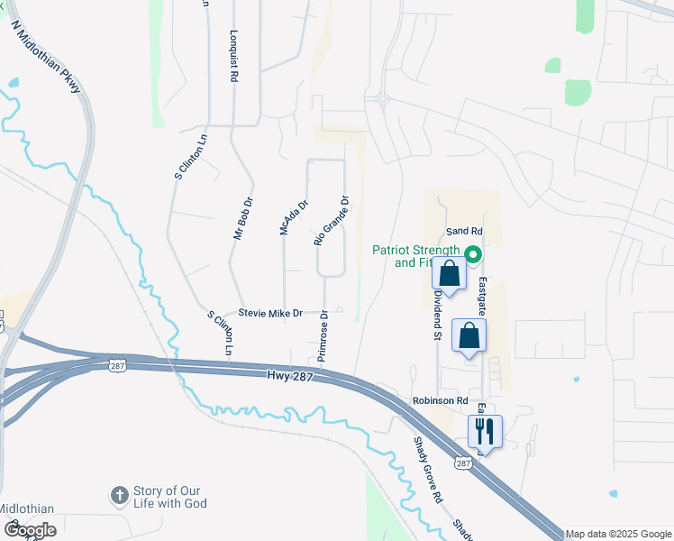 map of restaurants, bars, coffee shops, grocery stores, and more near 640 Primrose Drive in Midlothian