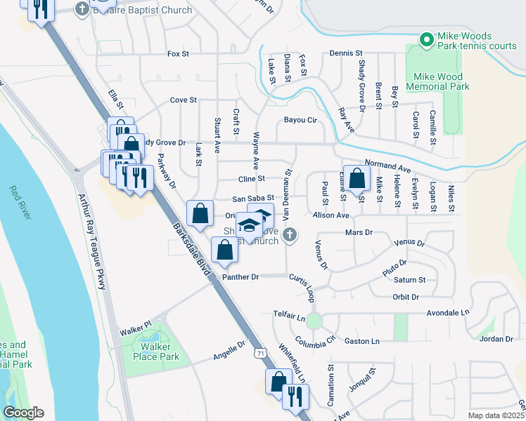map of restaurants, bars, coffee shops, grocery stores, and more near 1703 Oriole Street in Bossier City