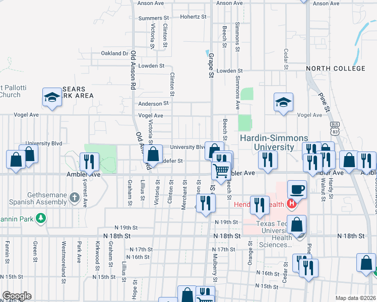 map of restaurants, bars, coffee shops, grocery stores, and more near 1766 University Boulevard in Abilene
