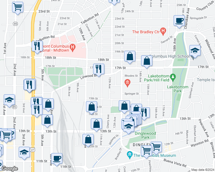 map of restaurants, bars, coffee shops, grocery stores, and more near 1543 12th Avenue in Columbus